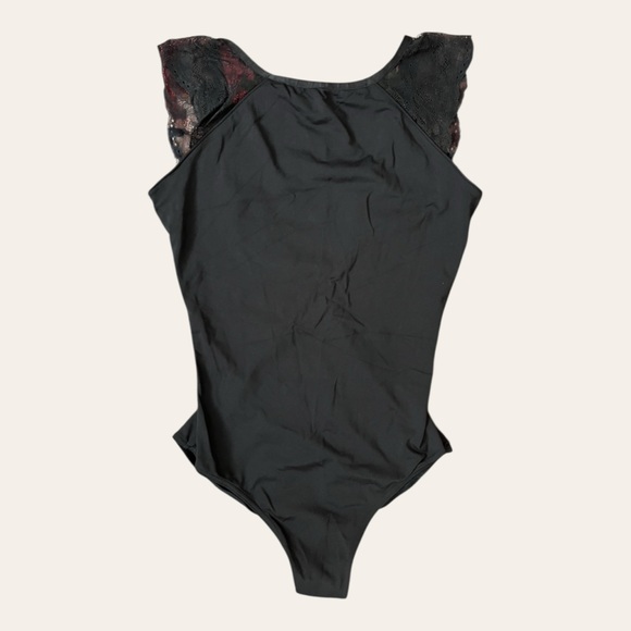 Mirella Tops - Mirella lace cap sleeve low v-back black ballet leotard Medium